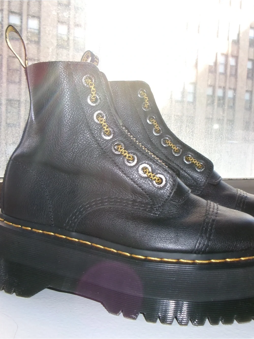 Dr. Martens Sinclair Black Leather Platform Ankle Boots with Yellow Stitching